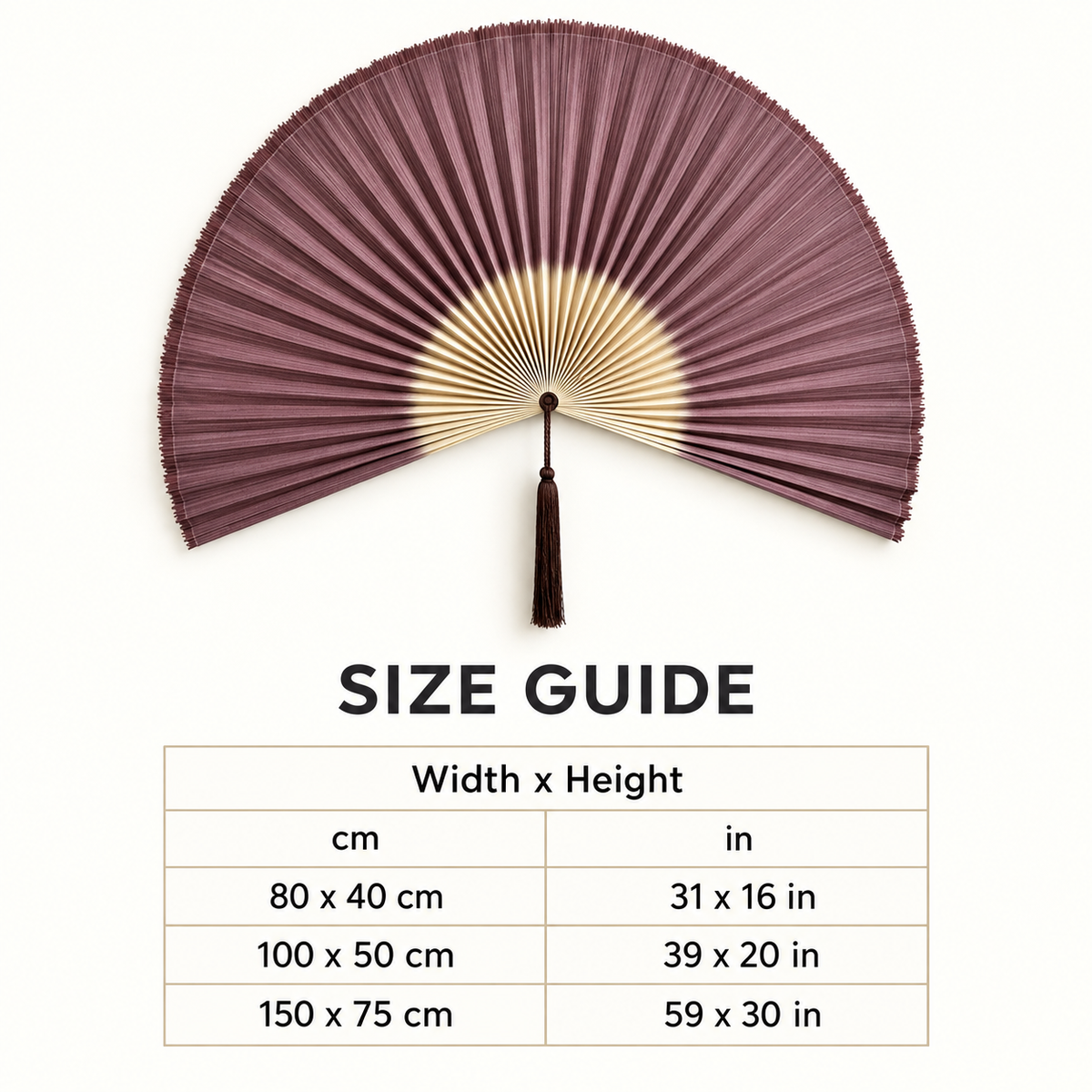 Plum Purple & Natural woven wall fan available sizes in centimeters and inches