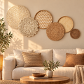 Horizontal natural woven basket gallery wall in a living room