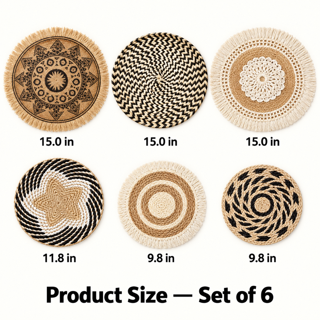 Six-piece neutral woven wall basket set with sizes from 9.8 to 15 inches