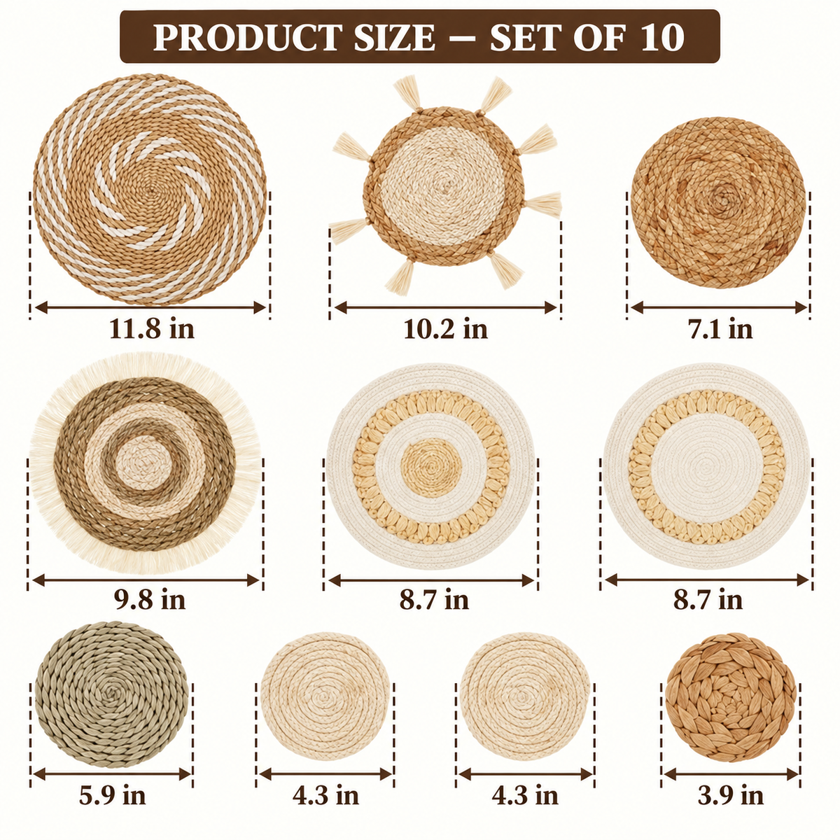 Ten-piece woven wall basket set with sizes from 3.9 to 11.8 inches