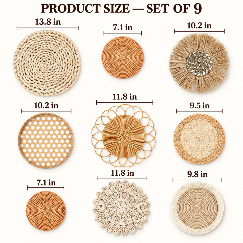 Nine-piece woven wall basket set with sizes from 7.1 to 13.8 inches