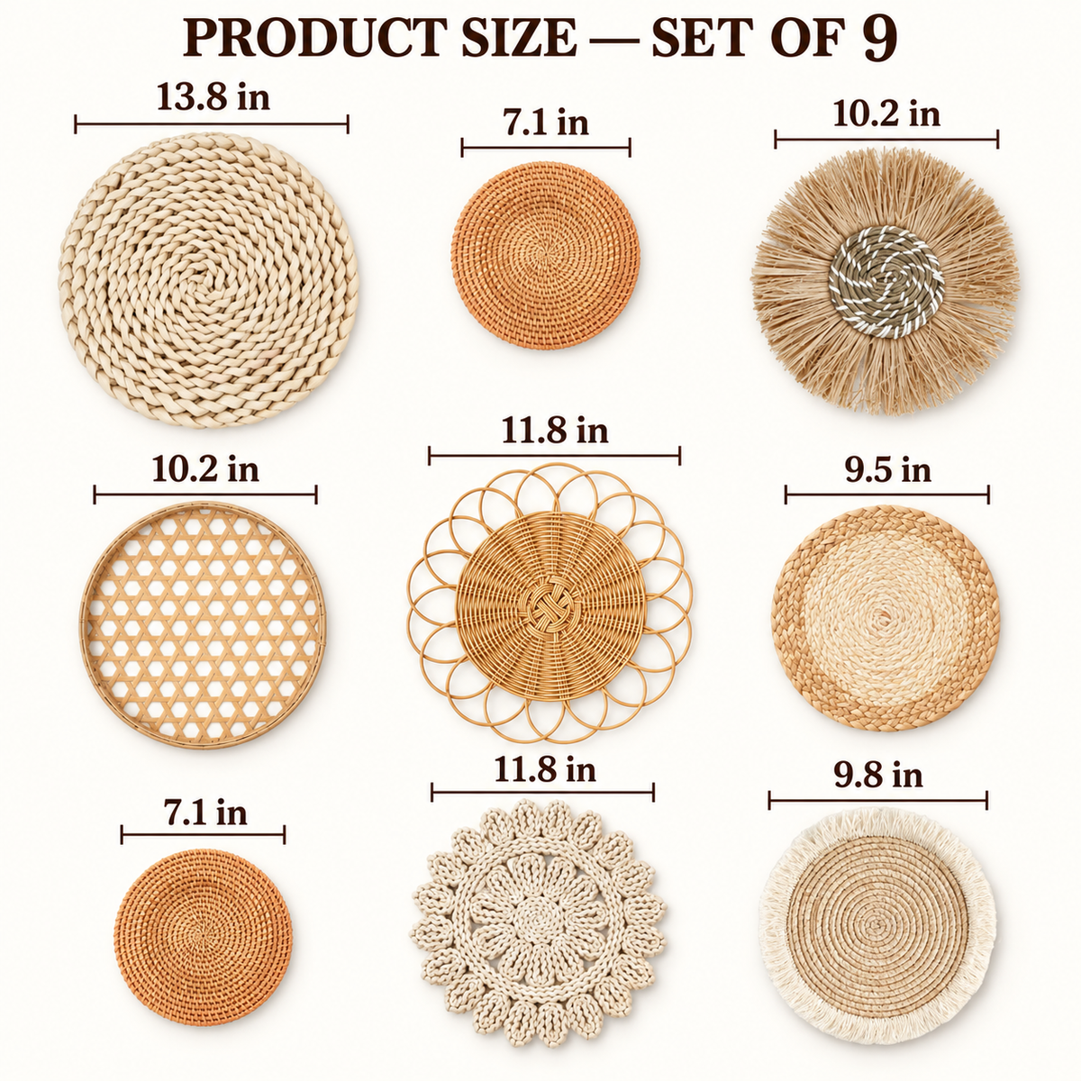 Nine-piece woven wall basket set with sizes from 7.1 to 13.8 inches