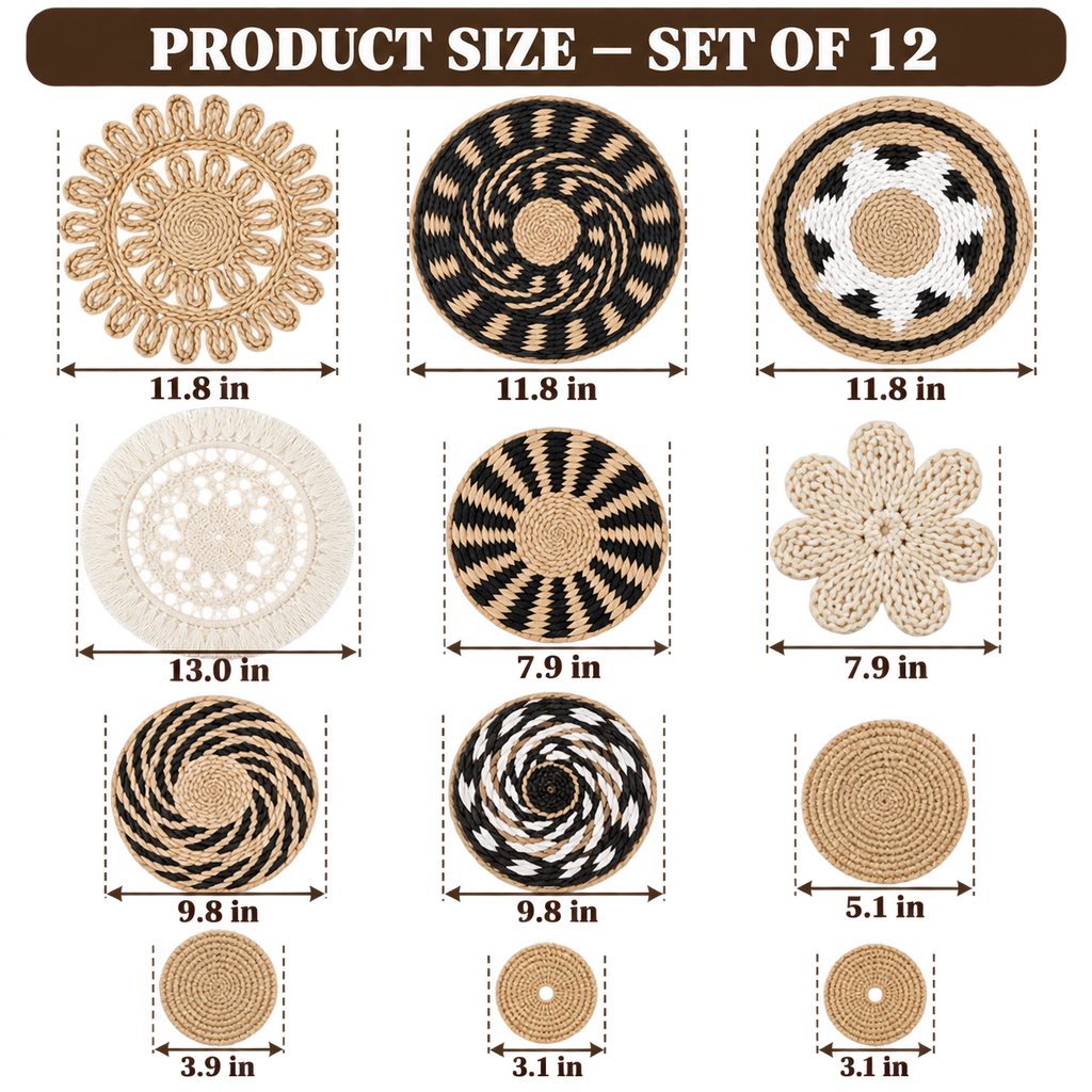 Twelve-piece wall basket set with sizes from 3.1 to 13 inches