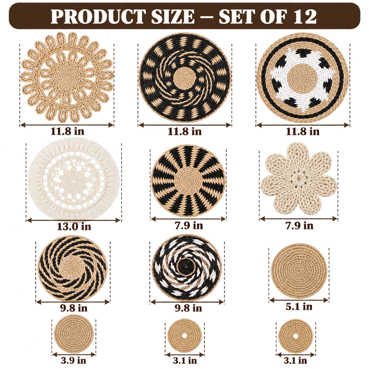 Twelve-piece wall basket set with sizes from 3.1 to 13 inches