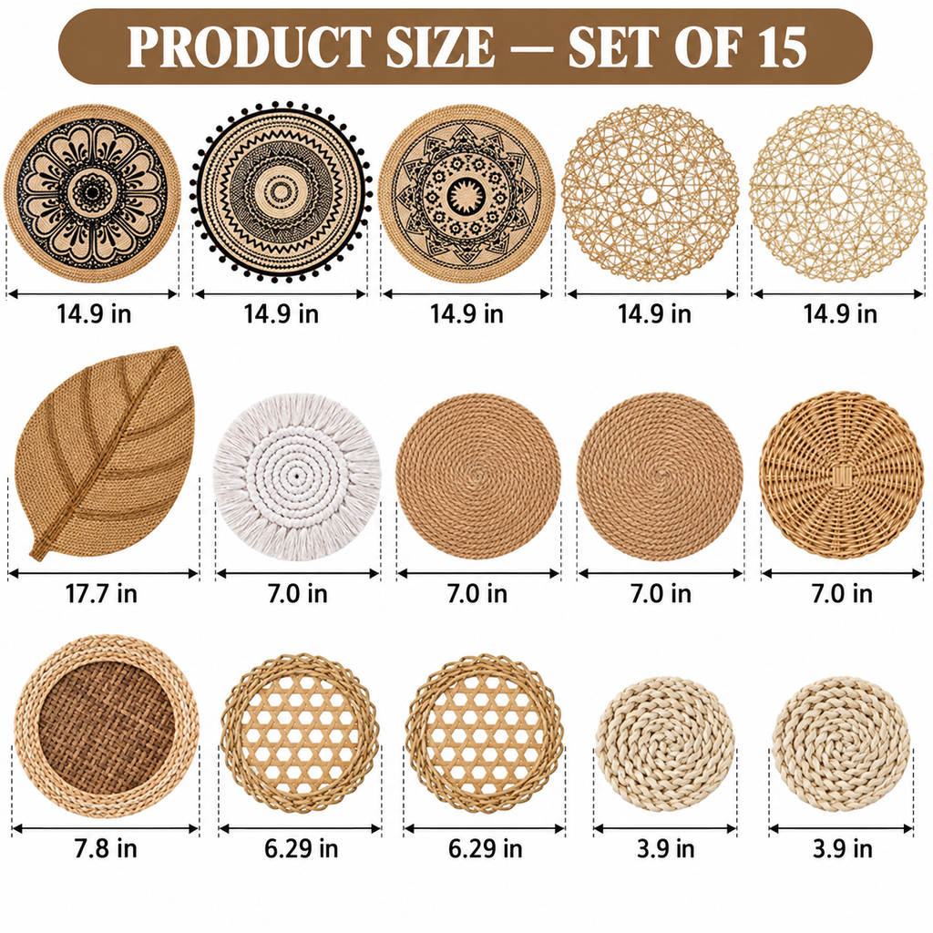 Fifteen-piece wall basket set with sizes from 3.9 to 17.7 inches