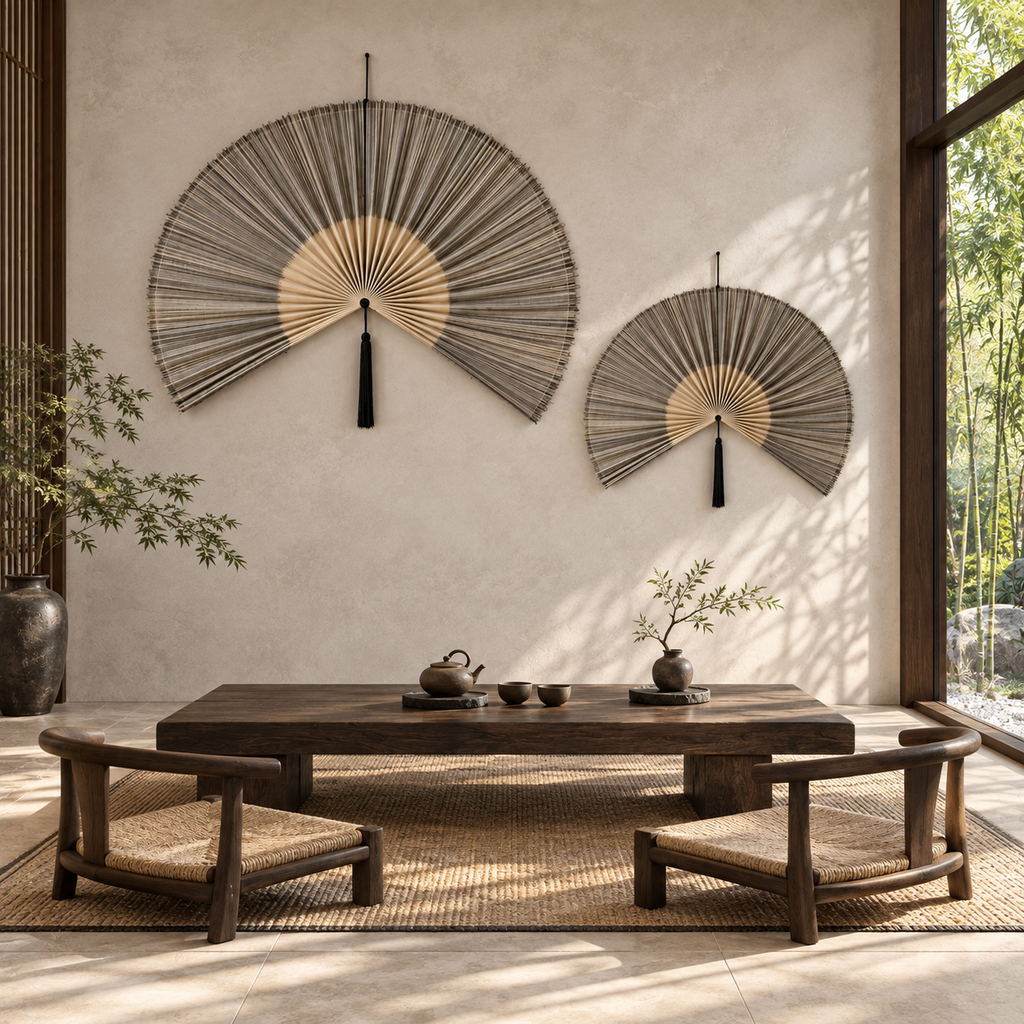Two neutral gray bamboo wall fans decorating a modern tea room