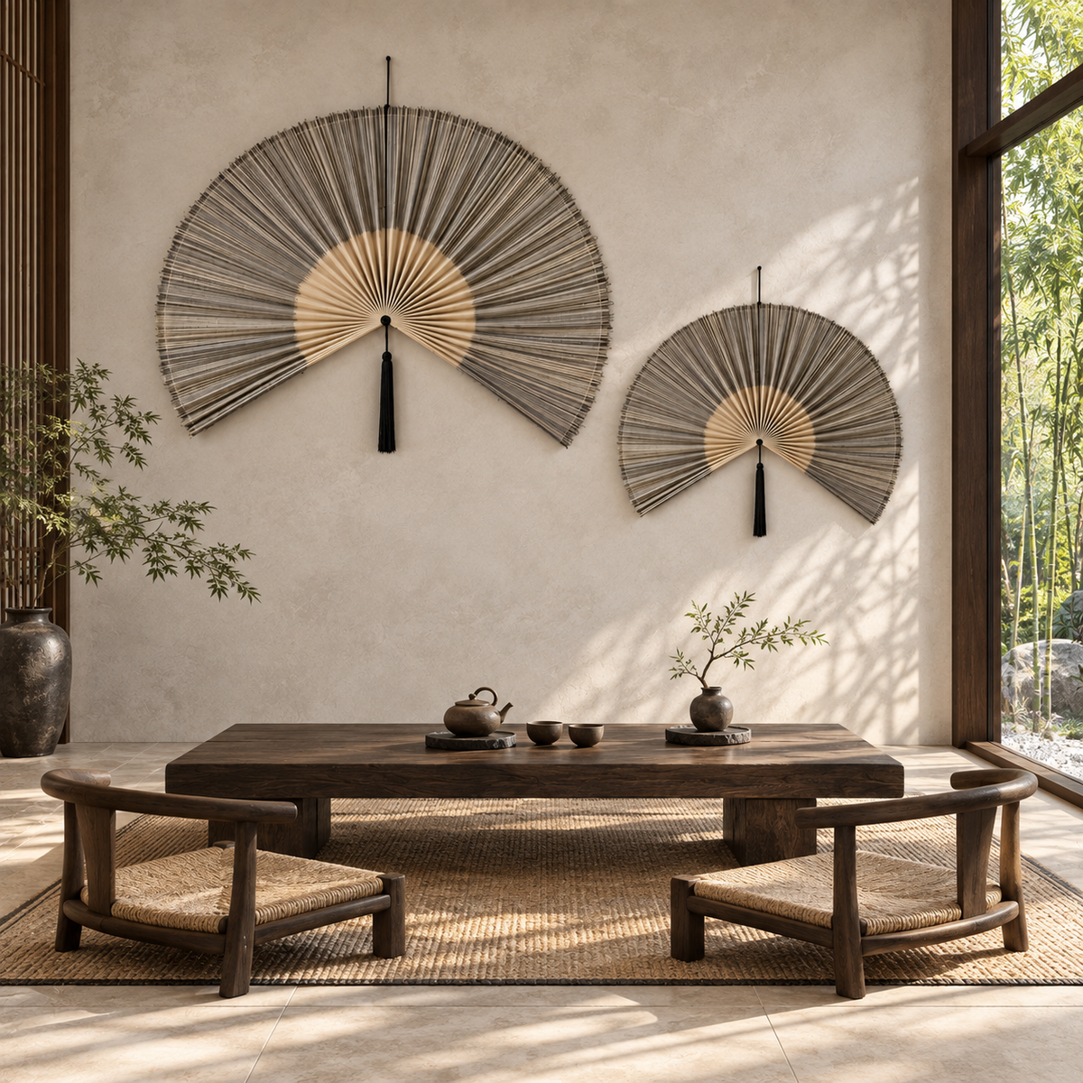 Two neutral gray bamboo wall fans decorating a modern tea room