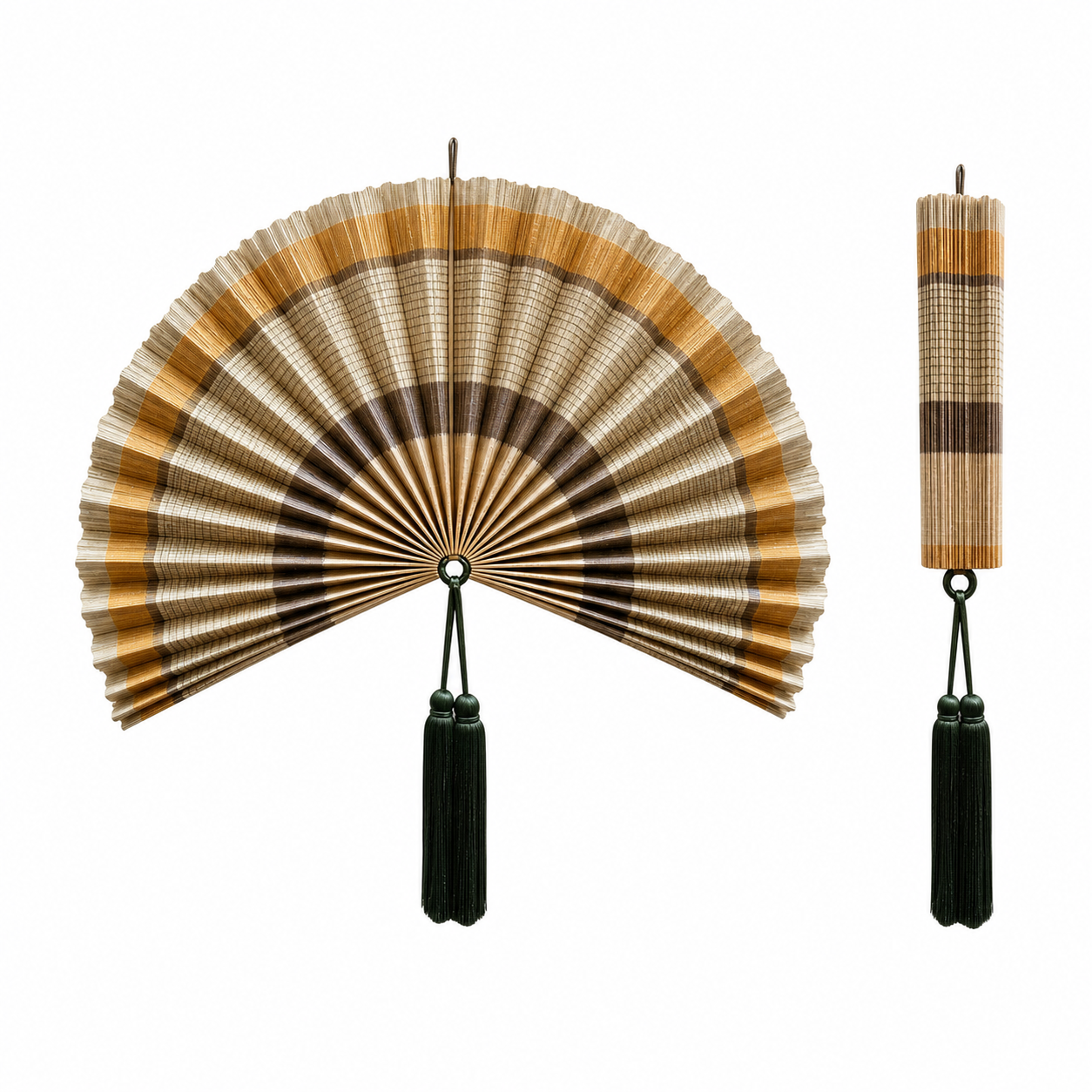 Handcrafted beige brown bamboo folding fan wall decor with dark green tassel, shown open and closed.