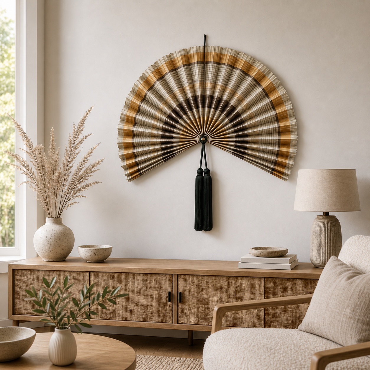 Handcrafted beige brown bamboo folding fan wall decor with dark green tassel, shown open and closed.