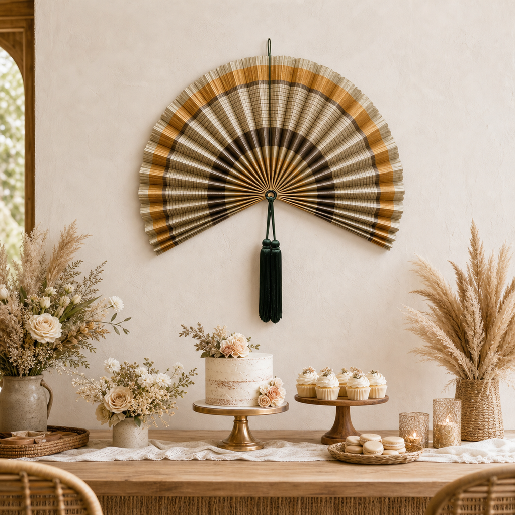 Handcrafted beige brown bamboo folding fan wall decor with dark green tassel, shown open and closed.