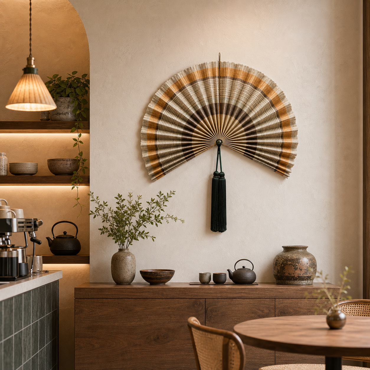 Handcrafted beige brown bamboo folding fan wall decor with dark green tassel, shown open and closed.