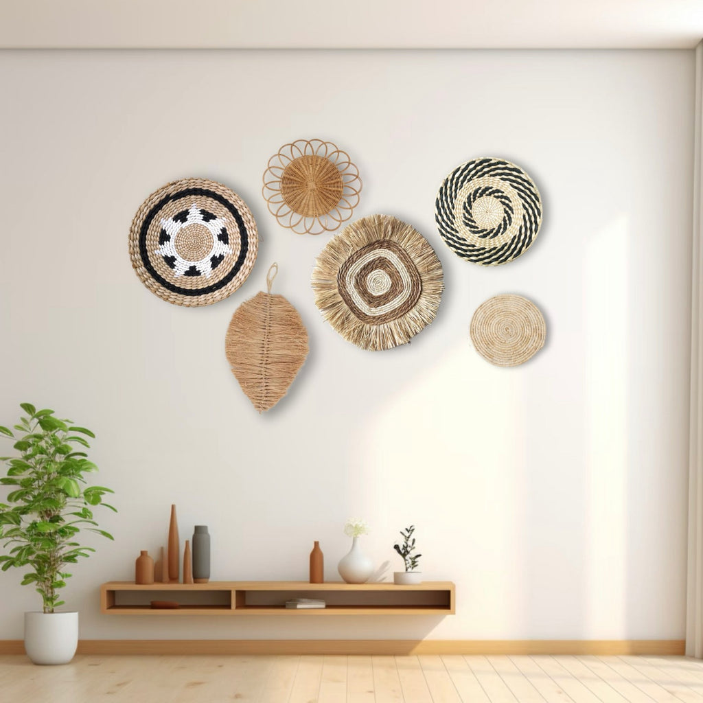 Six-piece black white geometric and woven leaf wall basket set