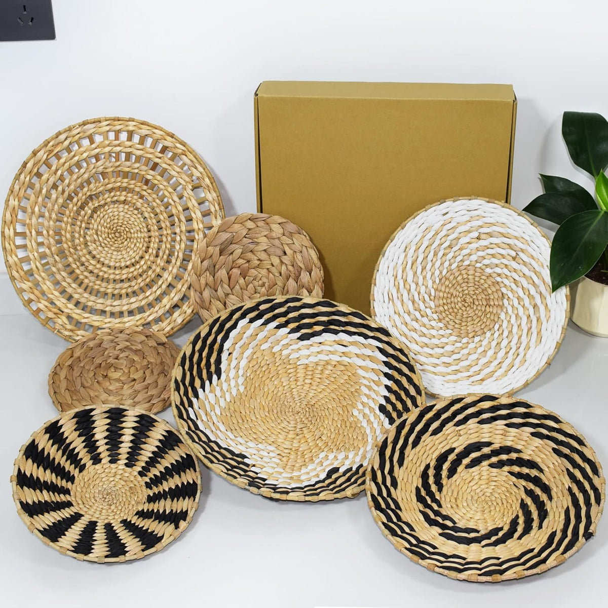 7-Piece Woven Wall Basket Set - Boho Black and White Wall Decor image 1