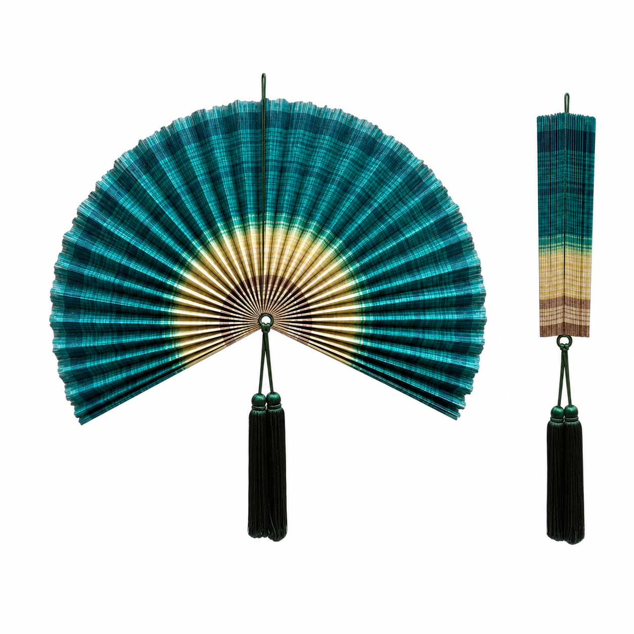 Large teal green bamboo folding fan wall decor with dark tassel, shown open and folded on white background.