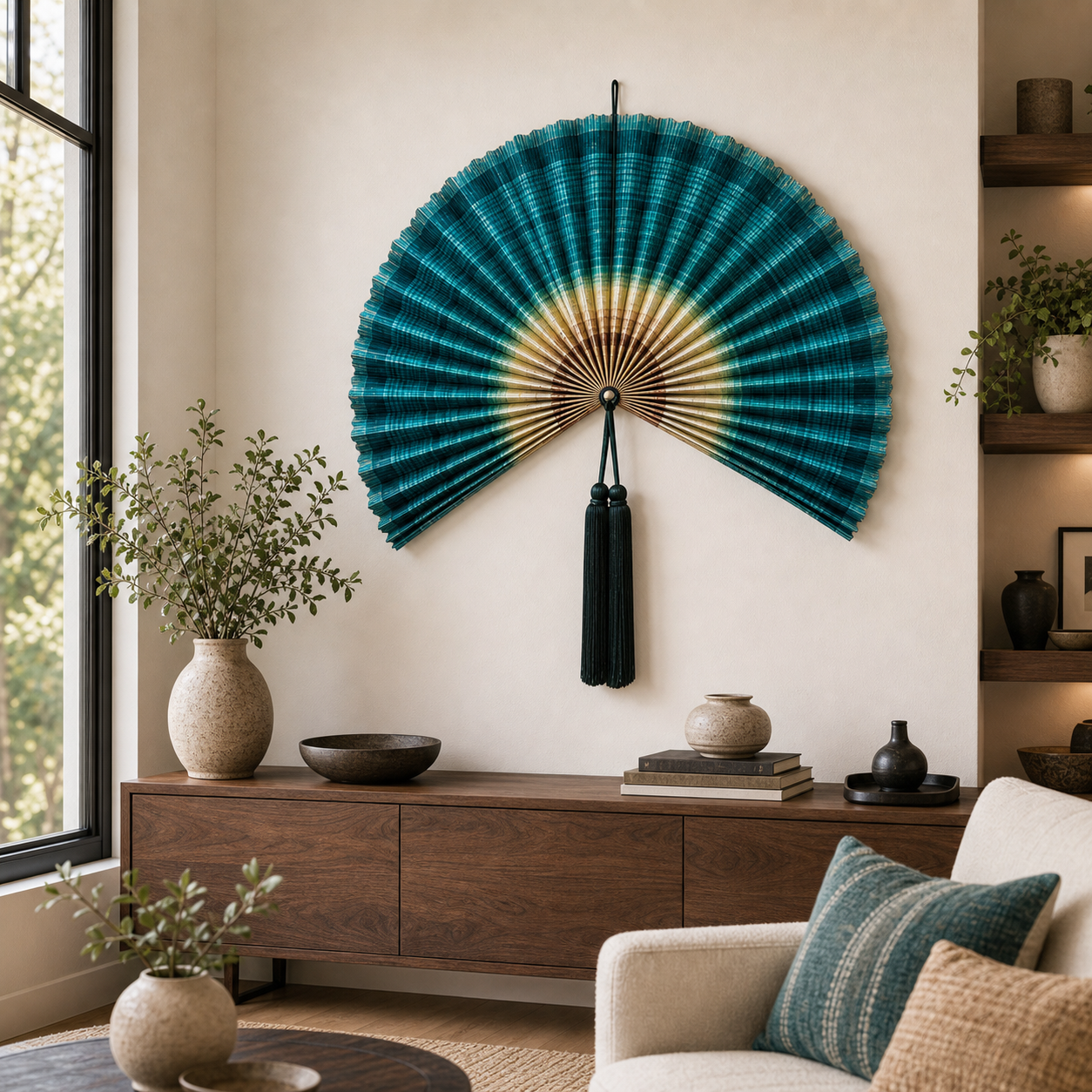 Large teal green bamboo folding fan wall decor with dark tassel, shown open and folded on white background.