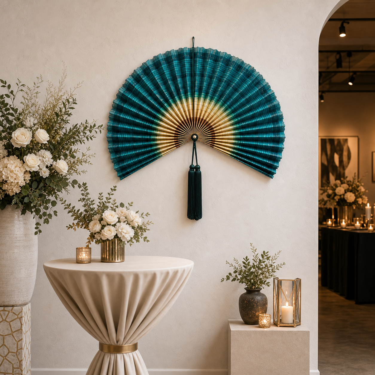 Large teal green bamboo folding fan wall decor with dark tassel, shown open and folded on white background.