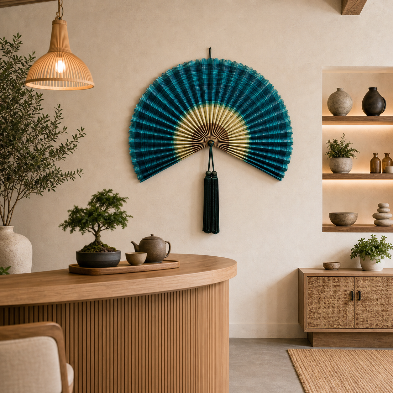 Large teal green bamboo folding fan wall decor with dark tassel, shown open and folded on white background.