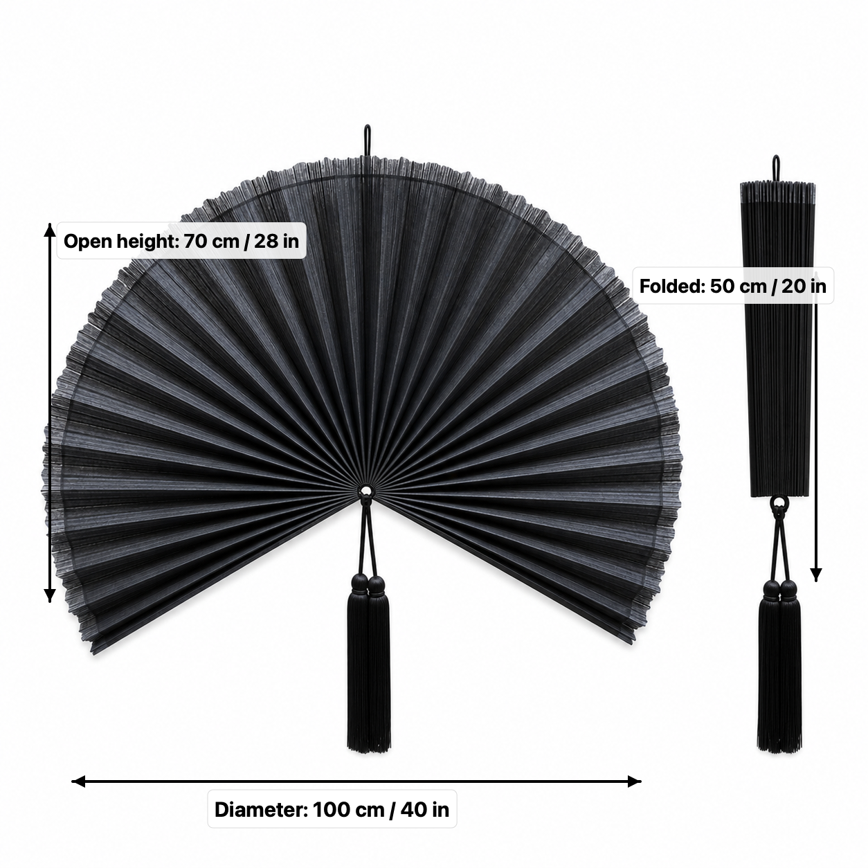 Black Bamboo Wall Fan Decor, 40“/100cm