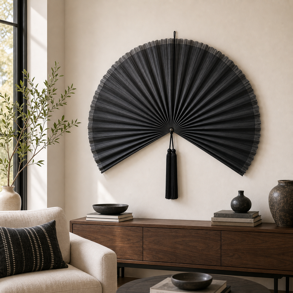 Black Bamboo Wall Fan Decor, 40“/100cm