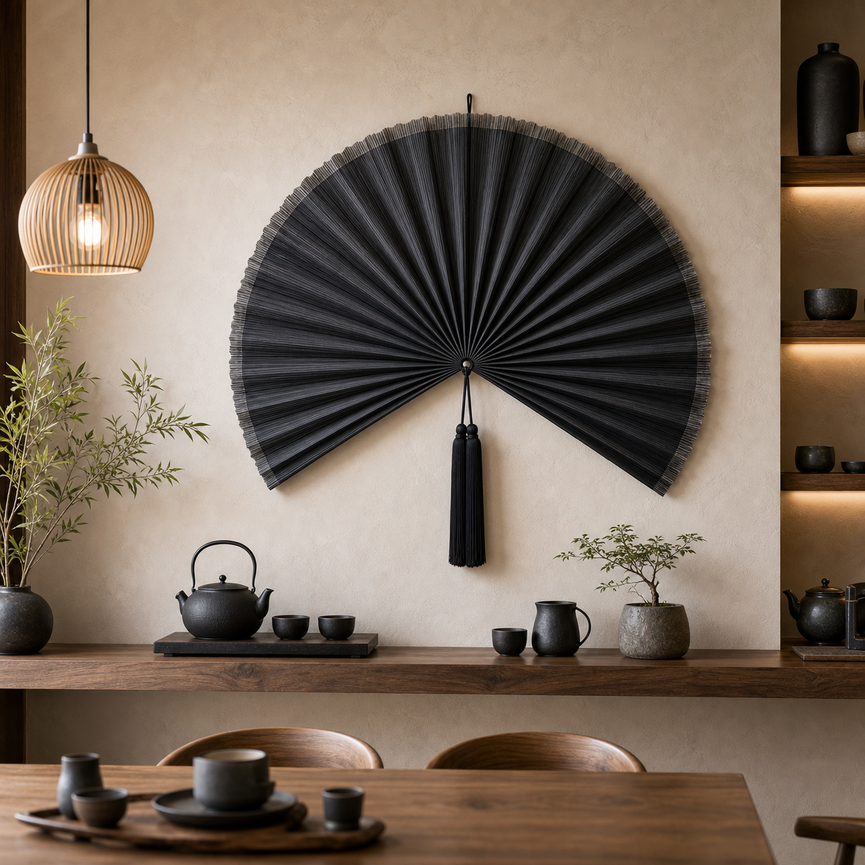 Black Bamboo Wall Fan Decor, 40“/100cm