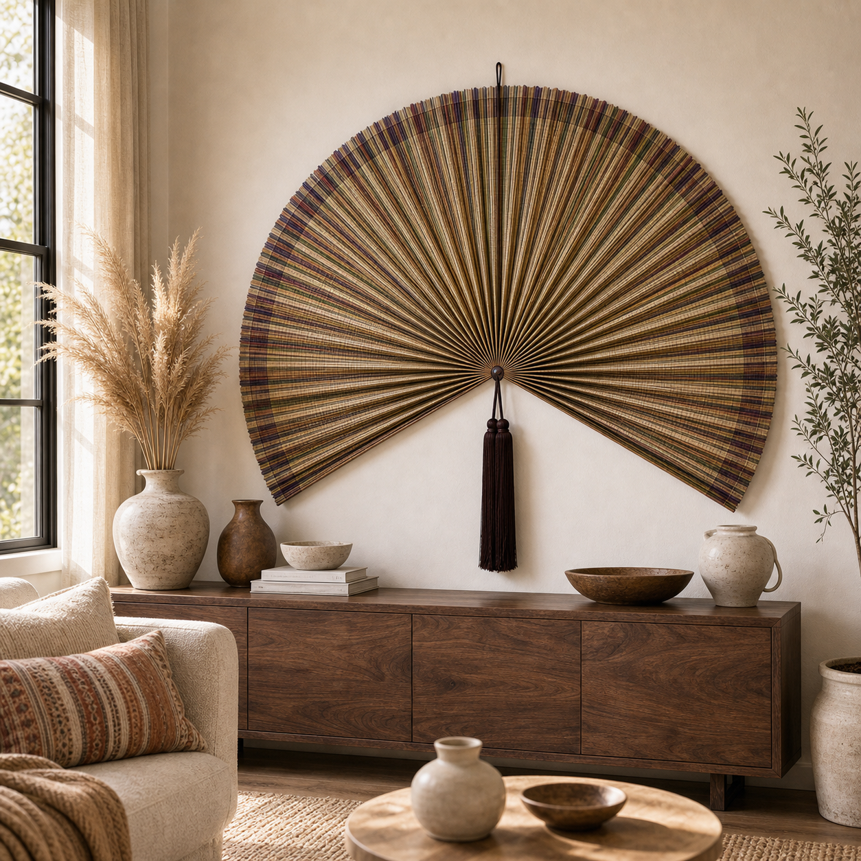 Boho Bamboo Wall Fan Decor, Multicolor Stripe, 57in/146cm