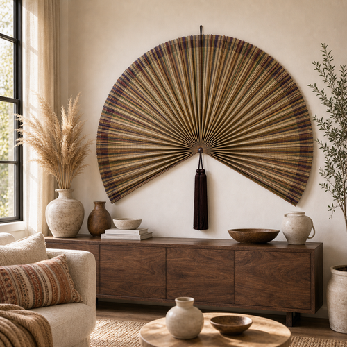 Boho Bamboo Wall Fan Decor, Multicolor Stripe, 57in/146cm