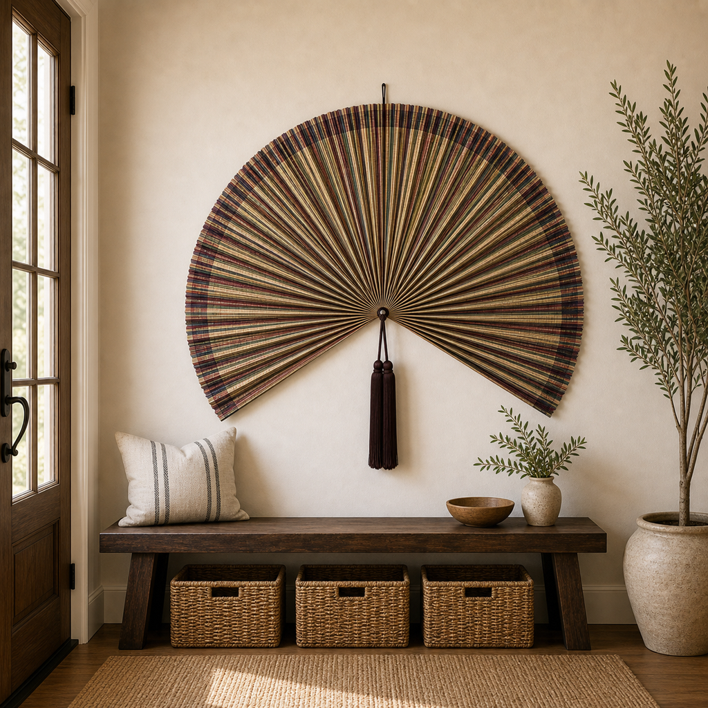 Boho Bamboo Wall Fan Decor, Multicolor Stripe, 57in/146cm