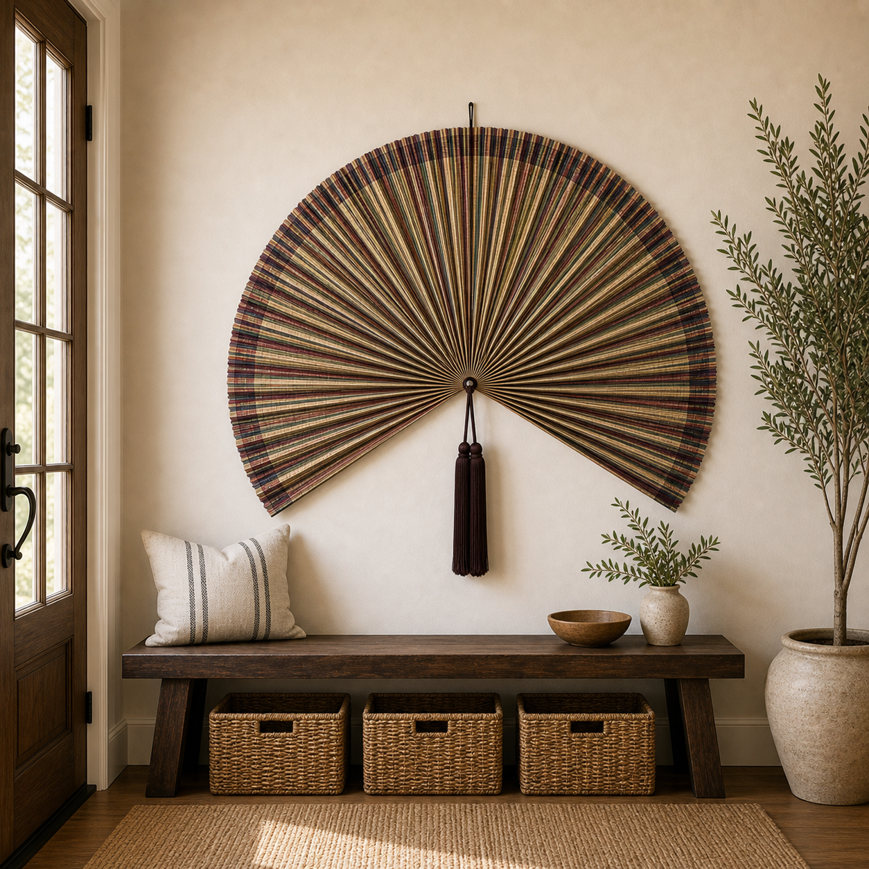 Boho Bamboo Wall Fan Decor, Multicolor Stripe, 57in/146cm