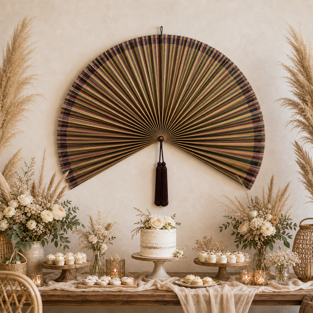 Boho Bamboo Wall Fan Decor, Multicolor Stripe, 57in/146cm
