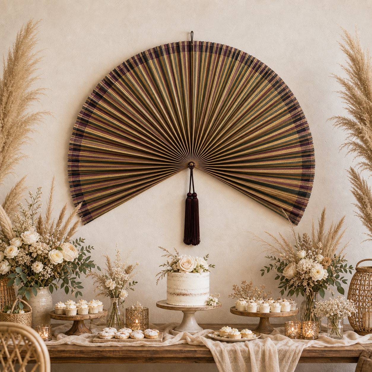 Boho Bamboo Wall Fan Decor, Multicolor Stripe, 57in/146cm