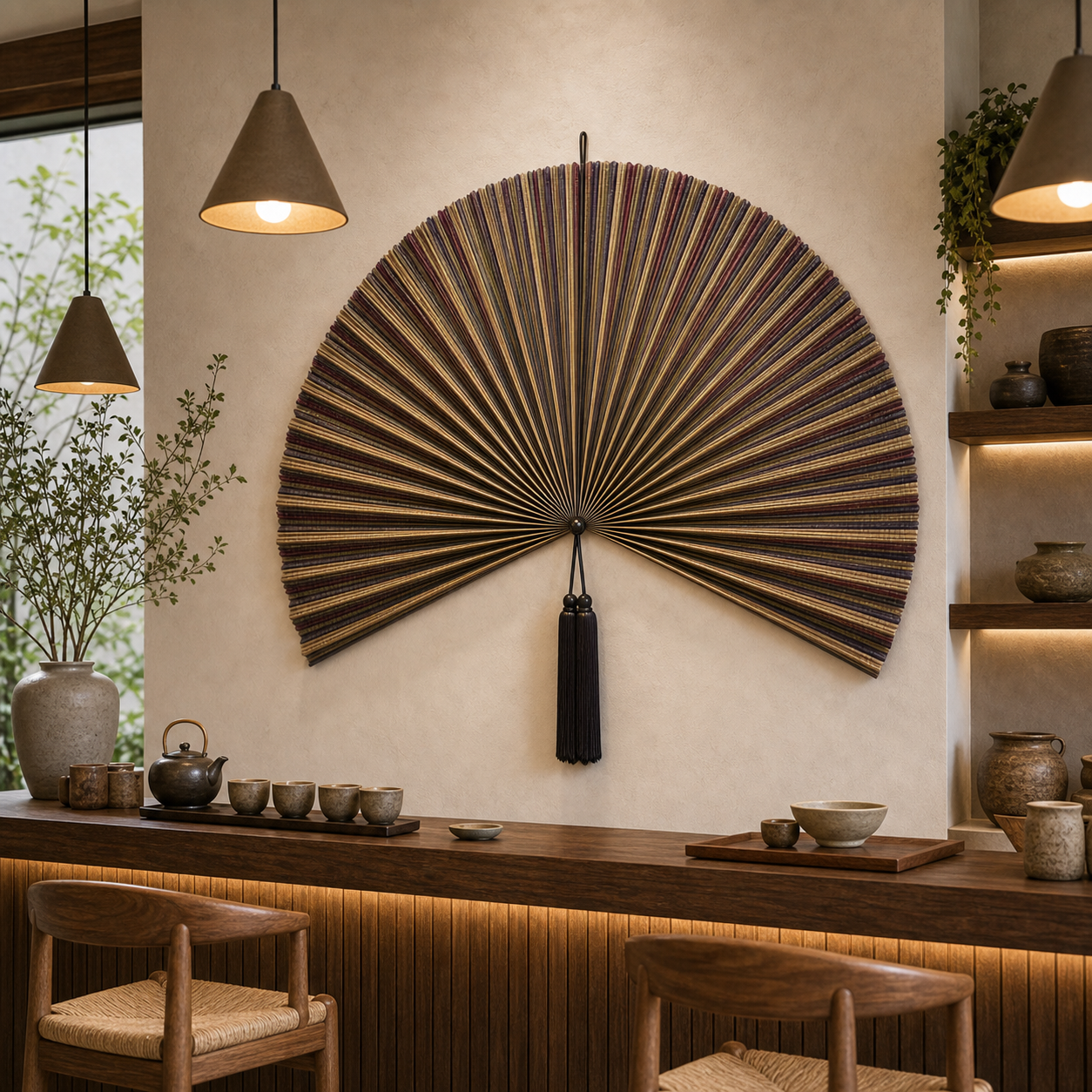 Boho Bamboo Wall Fan Decor, Multicolor Stripe, 57in/146cm