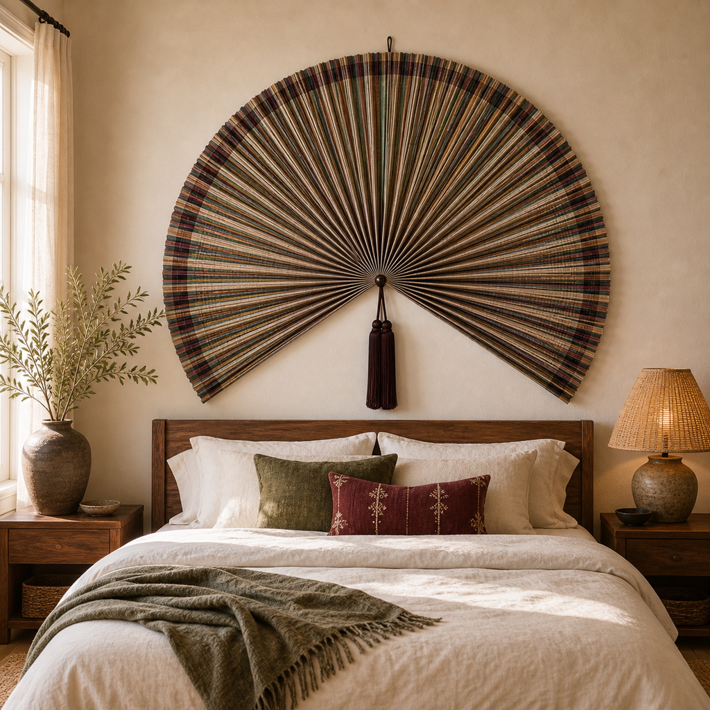 Boho Bamboo Wall Fan Decor, Multicolor Stripe, 57in/146cm