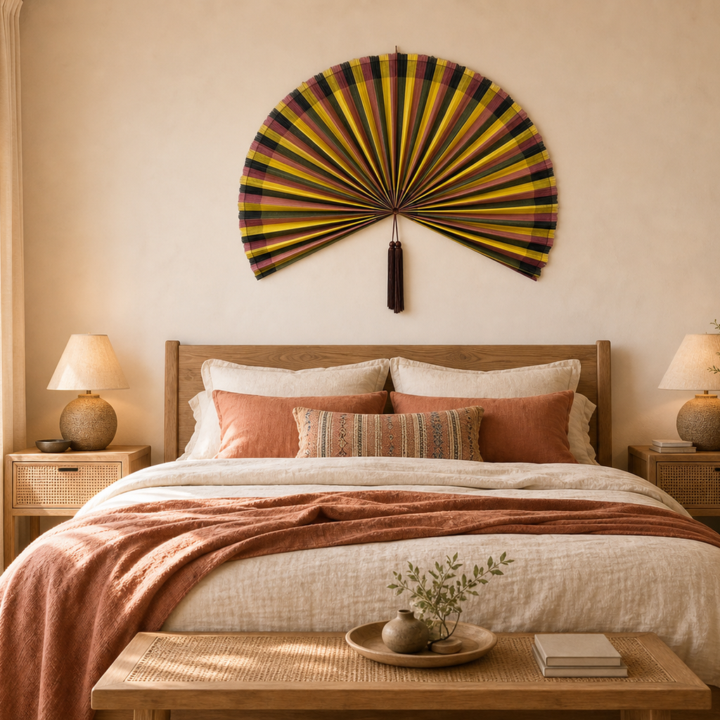 Oversized colorful boho bamboo wall fan decor with yellow olive rose and black stripes, shown open with dimensions.