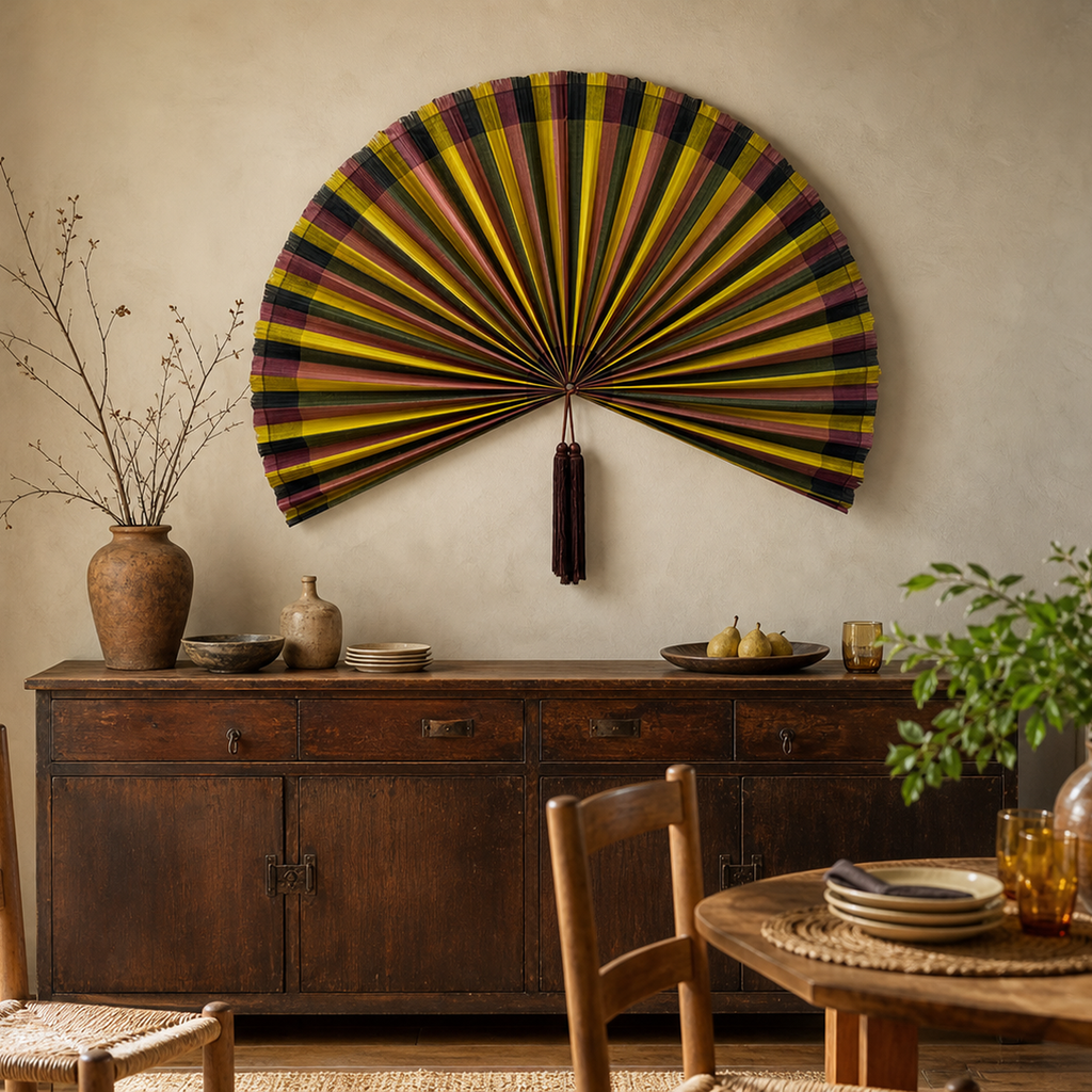 Oversized colorful boho bamboo wall fan decor with yellow olive rose and black stripes, shown open with dimensions.