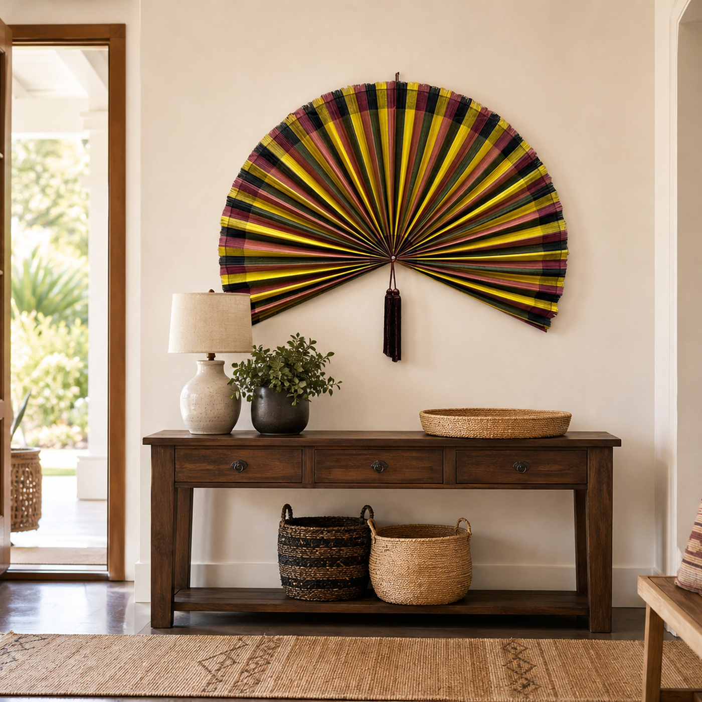 Oversized colorful boho bamboo wall fan decor with yellow olive rose and black stripes, shown open with dimensions.