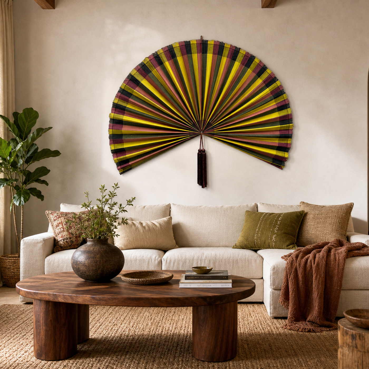 Oversized colorful boho bamboo wall fan decor with yellow olive rose and black stripes, shown open with dimensions.