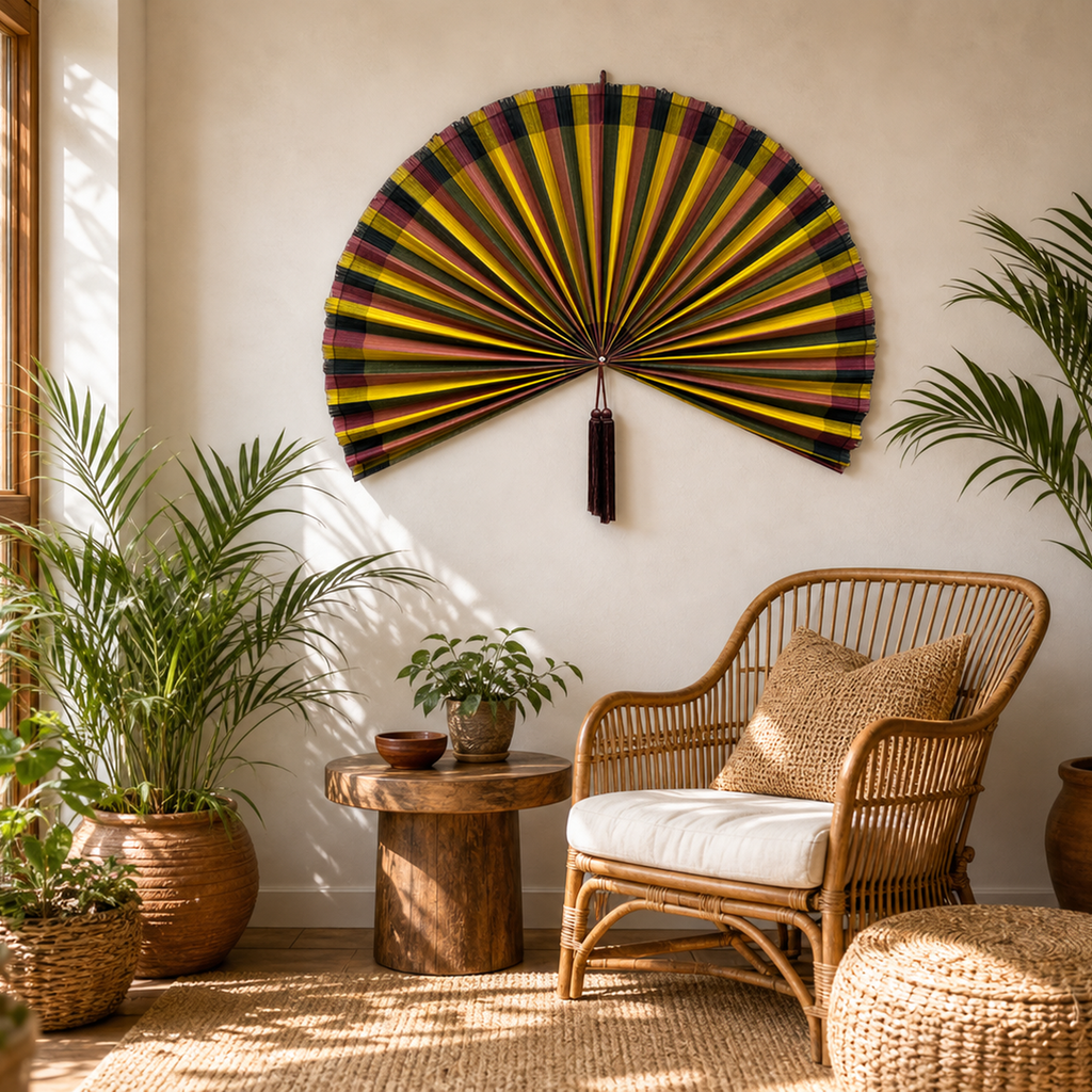 Oversized colorful boho bamboo wall fan decor with yellow olive rose and black stripes, shown open with dimensions.