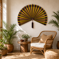 Oversized colorful boho bamboo wall fan decor with yellow olive rose and black stripes, shown open with dimensions.
