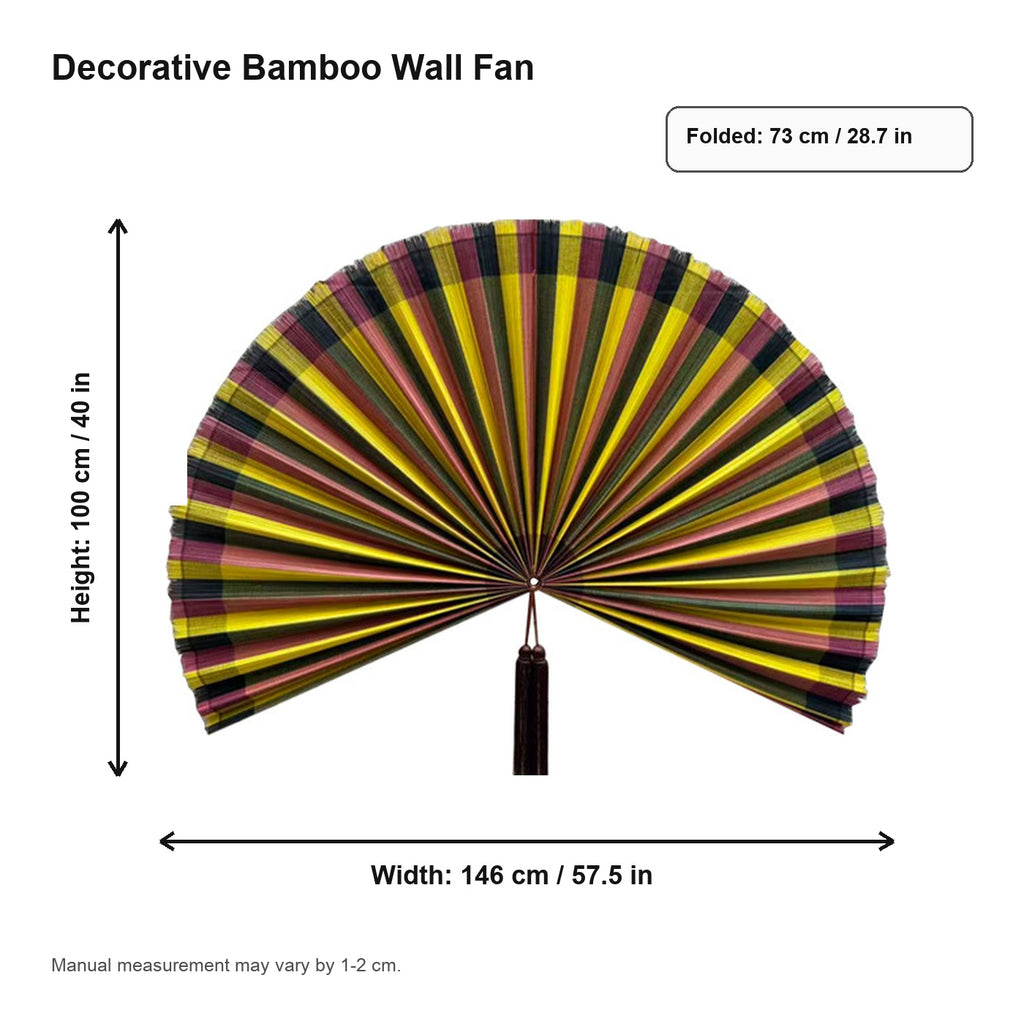 Oversized colorful boho bamboo wall fan decor with yellow olive rose and black stripes, shown open with dimensions.