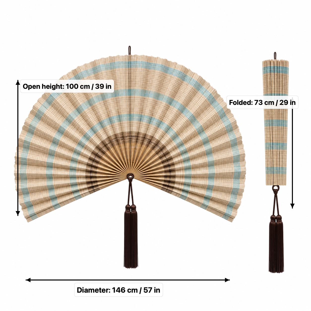 Coastal Bamboo Wall Fan Decor, Aqua Beige Plaid, 57in/146cm