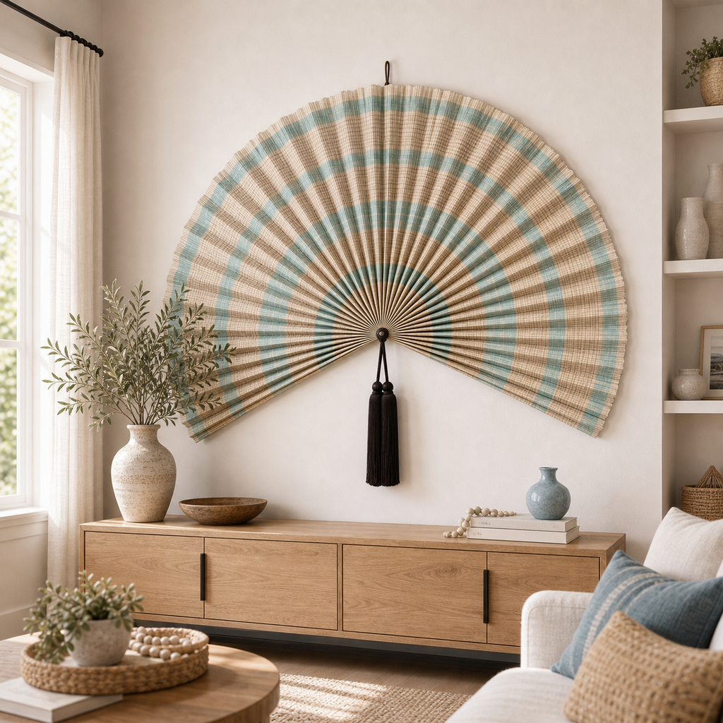 Coastal Bamboo Wall Fan Decor, Aqua Beige Plaid, 57in/146cm