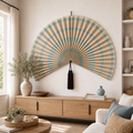 Coastal Bamboo Wall Fan Decor, Aqua Beige Plaid, 57in/146cm