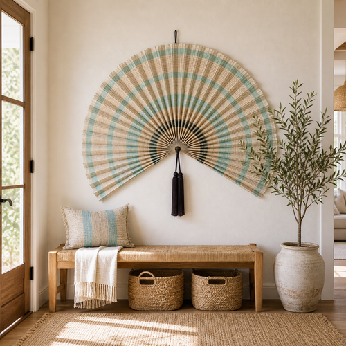 Coastal Bamboo Wall Fan Decor, Aqua Beige Plaid, 57in/146cm