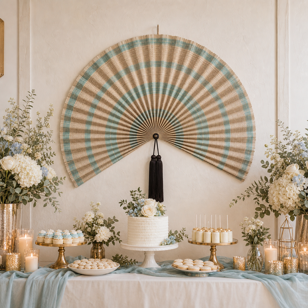 Coastal Bamboo Wall Fan Decor, Aqua Beige Plaid, 57in/146cm