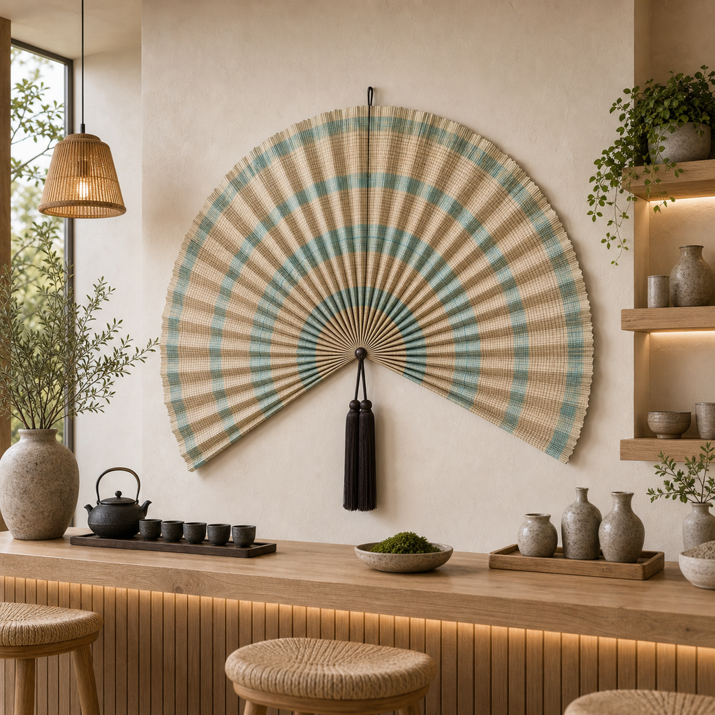 Coastal Bamboo Wall Fan Decor, Aqua Beige Plaid, 57in/146cm