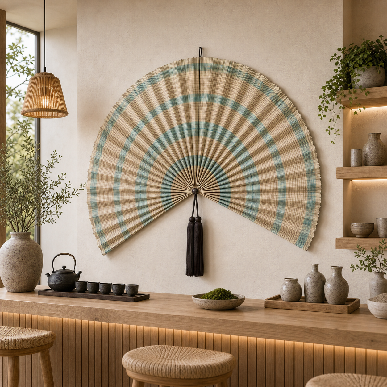Coastal Bamboo Wall Fan Decor, Aqua Beige Plaid, 57in/146cm