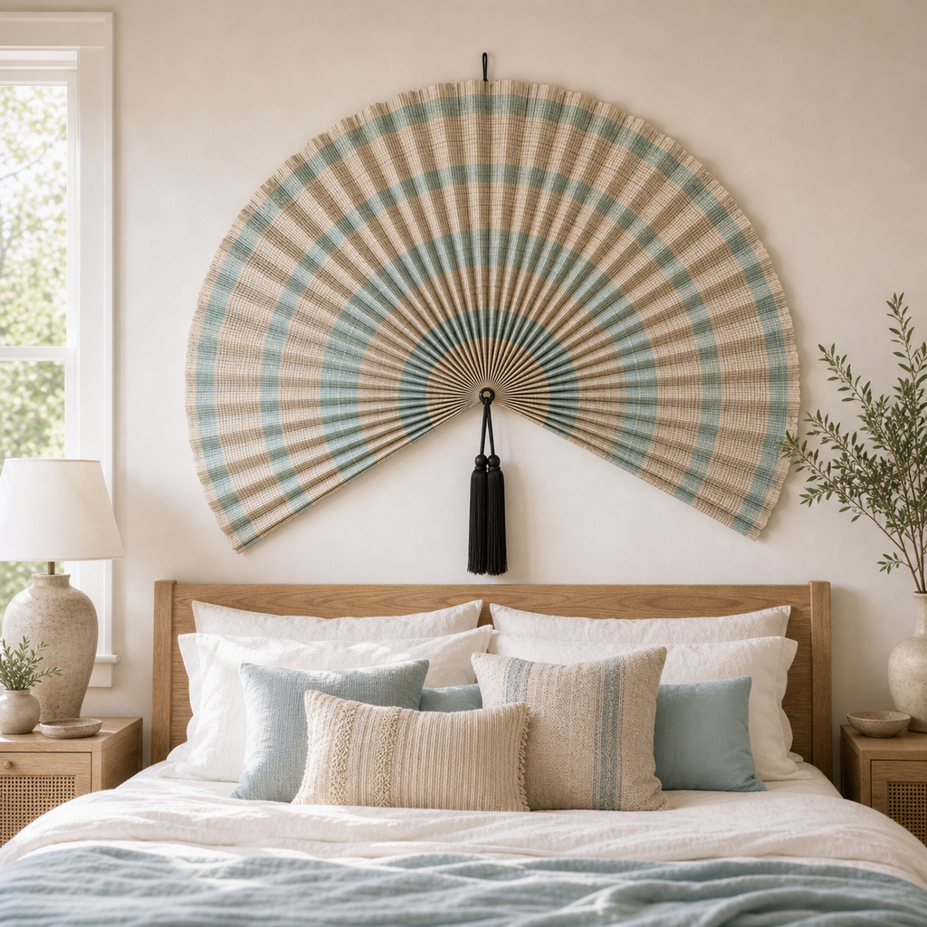 Coastal Bamboo Wall Fan Decor, Aqua Beige Plaid, 57in/146cm