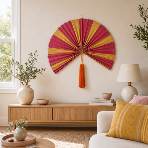Decorative Folding Fan Wall Decor, Red Yellow, 34in/86cm