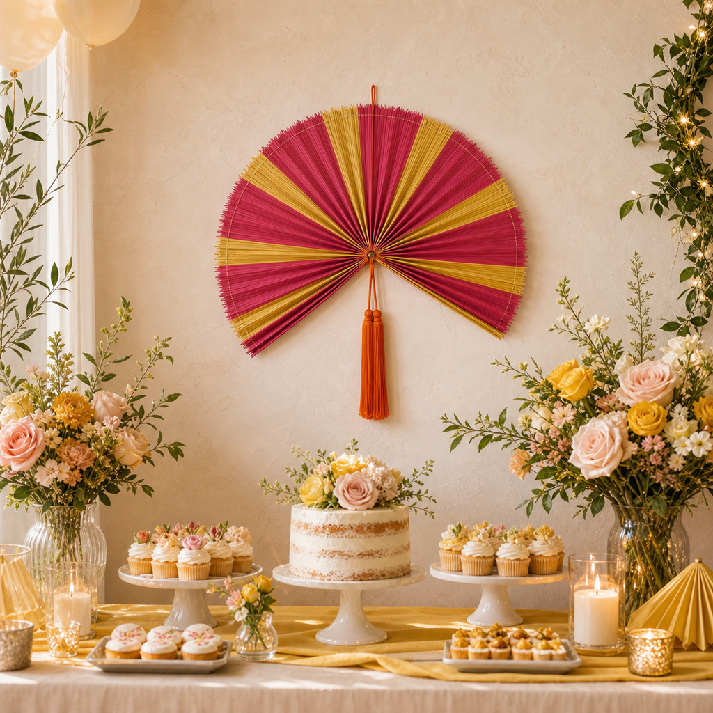 Decorative Folding Fan Wall Decor, Red Yellow, 34in/86cm