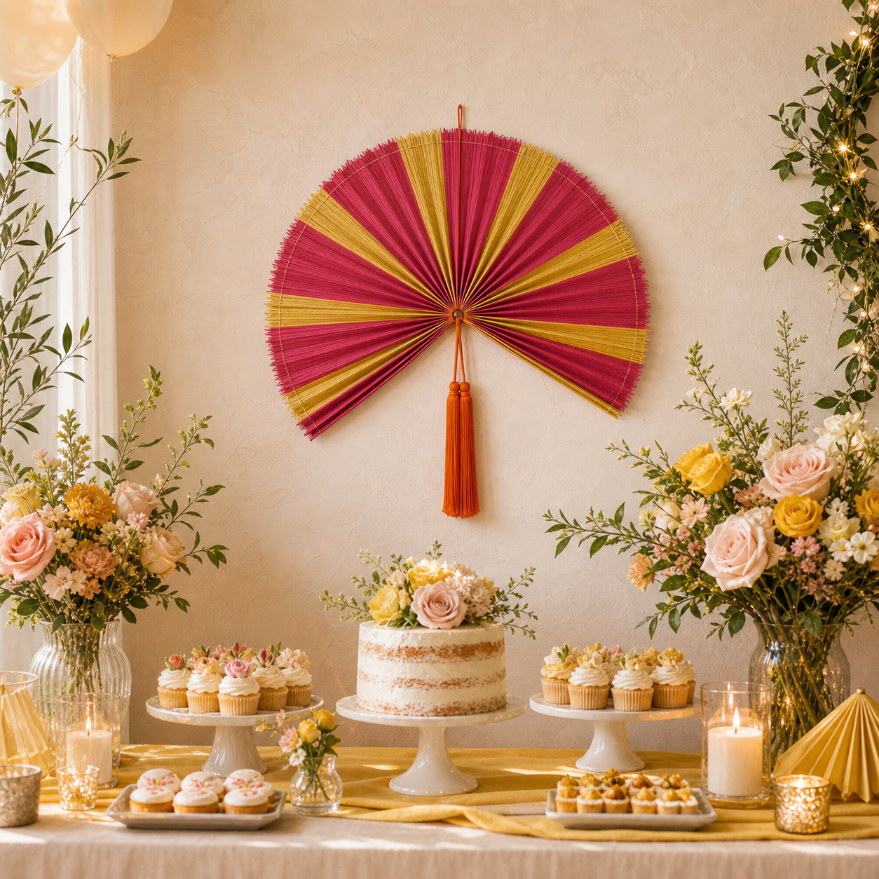 Decorative Folding Fan Wall Decor, Red Yellow, 34in/86cm